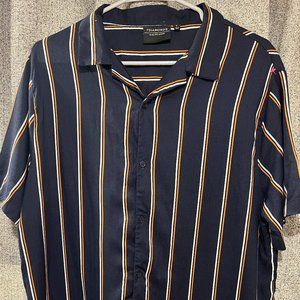 Vintage 7 Diamonds Men's Navy Blue Striped Bowling Shirt Viscose Size XL